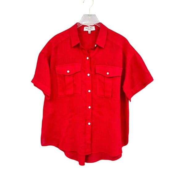 Alex Mill Bright Solid Red 100% Linen Short Sleeve Button Up Utility Camp Shirt - Picture 7 of 10